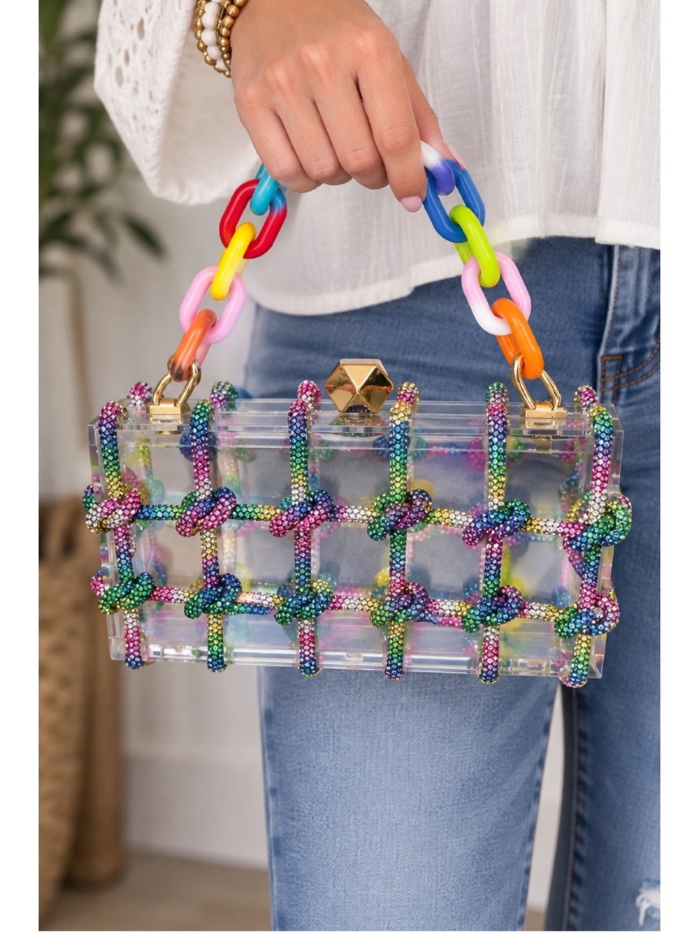 Rhinestone Rope Clear Box Handbag, Comes with 2 straps